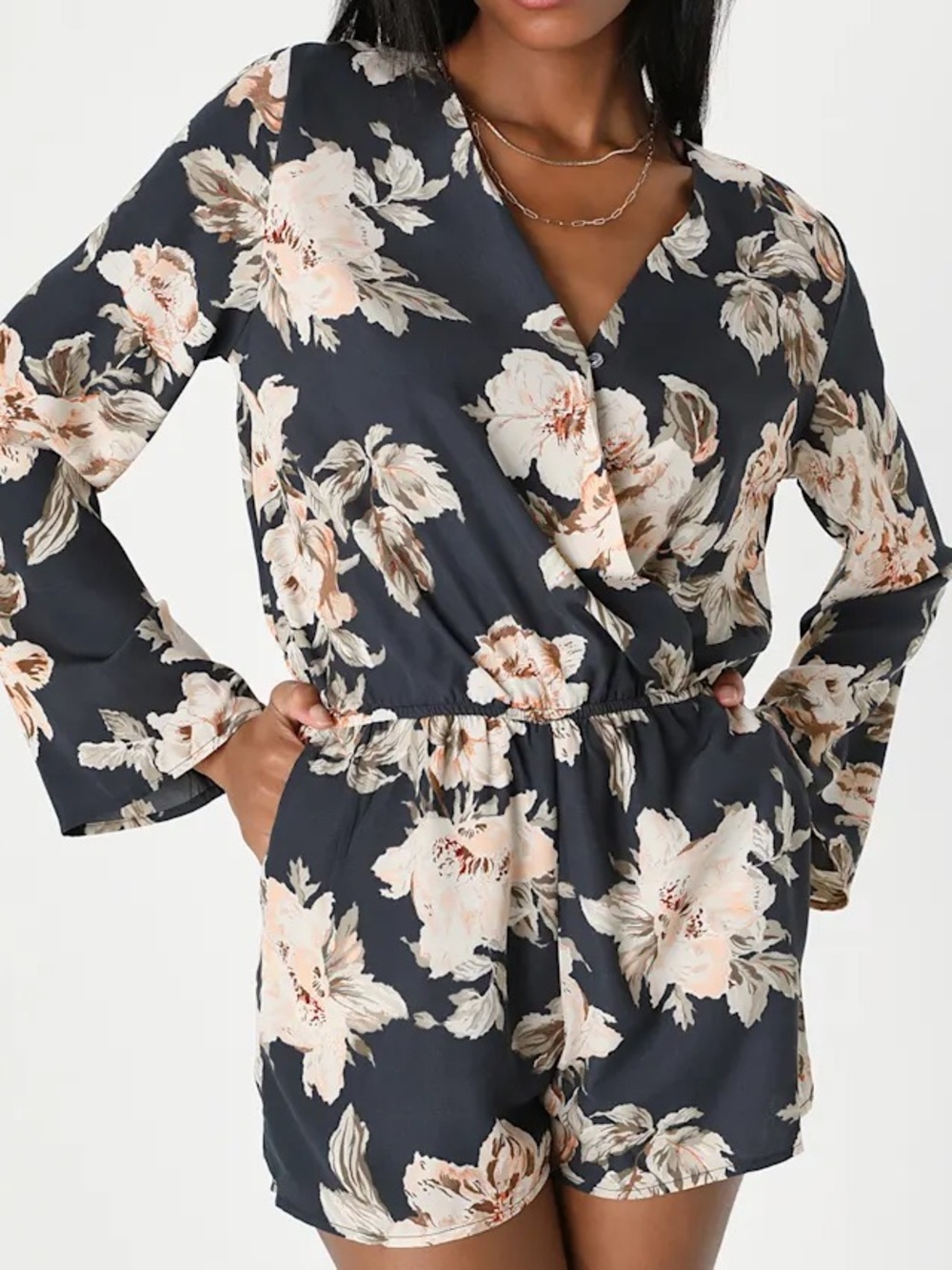 Prairie Daydream Washed Navy Blue Floral Print Romper